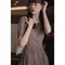 JAPANESE HIGH-END MOCHA BROWN CHIFFON DRESS SUMMER THIN WAIST THIN WAIST ELEGANT TEMPERAMENT PUFF SLEEVE MIDI SKIRT