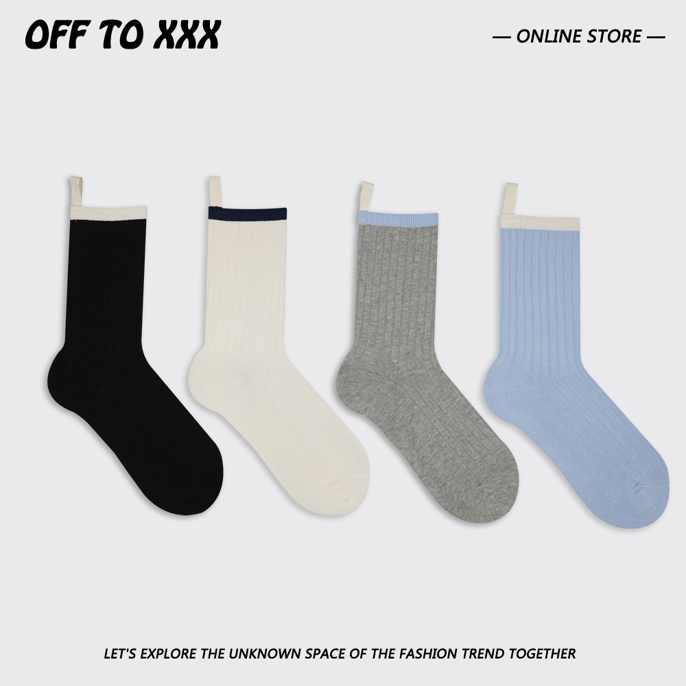 韩国小众潮流布标双针中筒袜子女