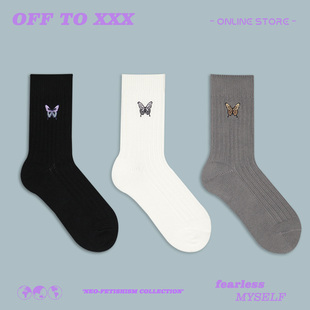 秋冬情侣蝴蝶刺绣粗针袜子潮流堆堆袜质感cityboy粗线中筒袜男女