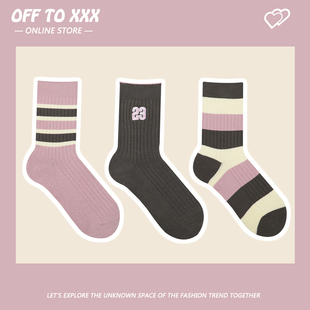 春夏新品 网红ins可爱粉色条纹中筒袜女日系潮流双针全棉运动袜