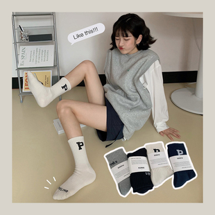 P字母 加厚毛巾底袜子秋冬INS简约基础日系港风毛圈中筒袜潮男女