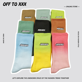 极光系列 字母刺绣扎染彩色渐变袜子网红ins潮流运动中筒袜棉男女