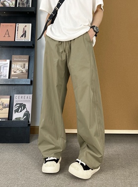 夏季美式斜切休闲裤男夏季潮牌弯刀裤大码冰丝宽松直筒阔腿长裤子