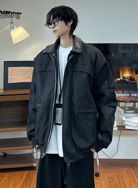 美式双拼铆钉皮领夹克棉衣男潮2025秋冬新款加厚保暖宽松工装外套