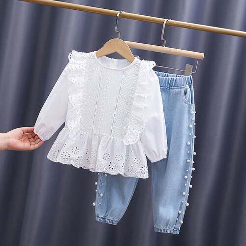 Girls' Spring suit 2025 New Style Children's Hollow Lace