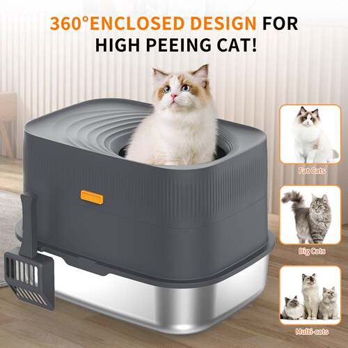 Top-entry stainless steel large cat litter box fully