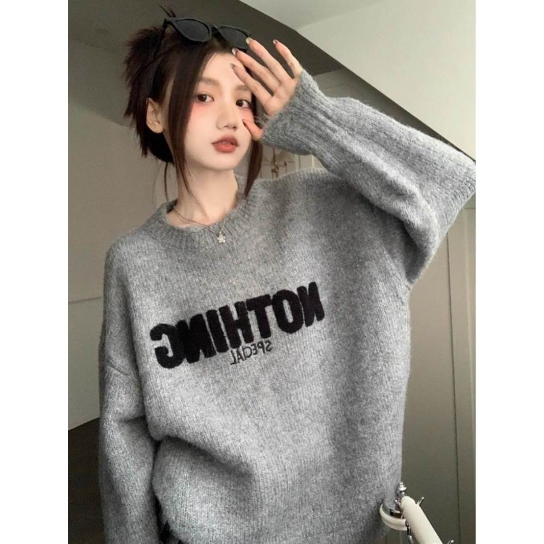 Retro Grey Pullover Sweater Women's Autumn and Winter Loose