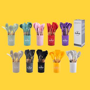 Wooden Handle Silicone Kitchenware 12 Piece Set Non-stick