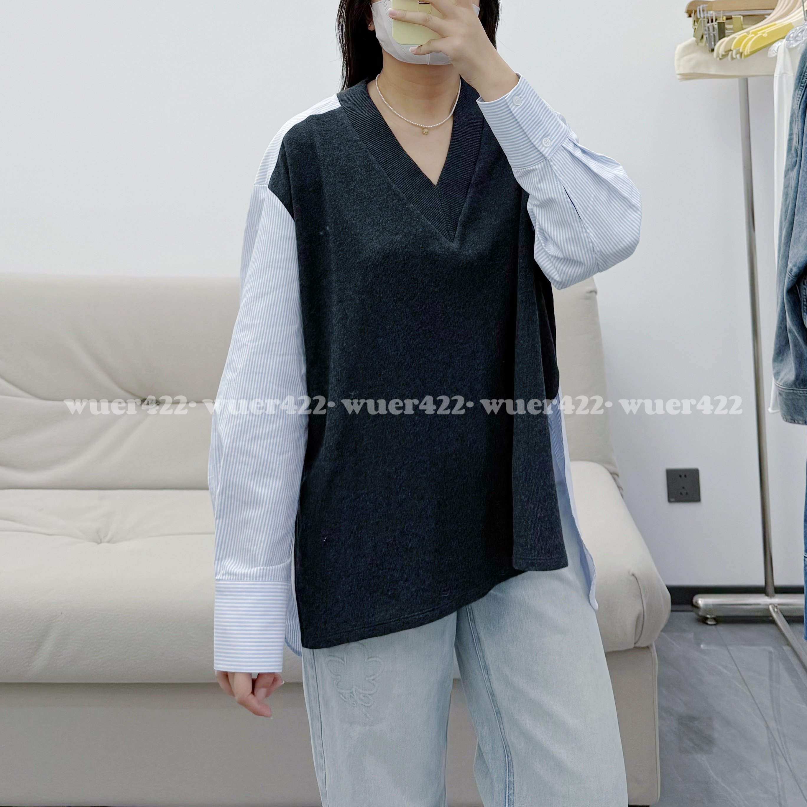 無二｜一体式假两件前后解构拼接条纹衬衫女V领针织背心毛衣休闲