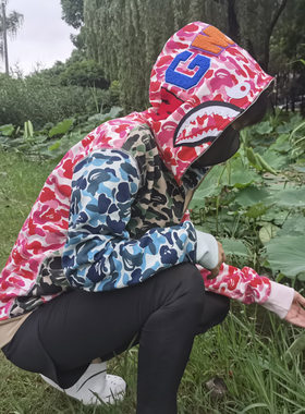 日系潮牌迷彩拼色鲨鱼春秋连帽卫衣男女拉链情侣款加厚纯棉外套