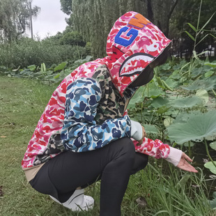 日系潮牌迷彩拼色鲨鱼春秋连帽卫衣男女拉链情侣款加厚纯棉外套