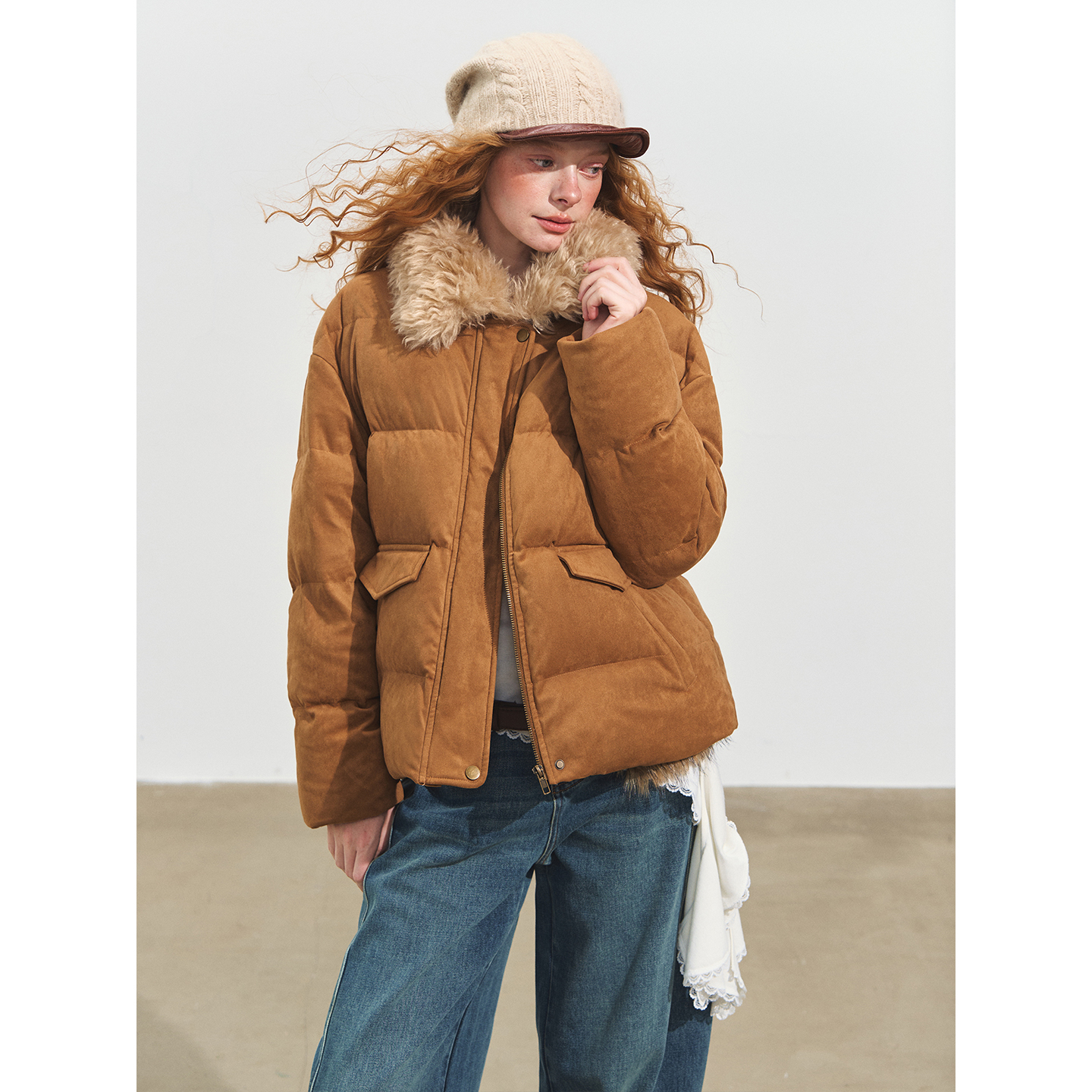 SOMESOWE 麂皮绒拼接毛领羽绒服