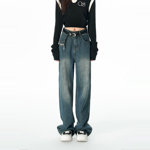 SOMESOWE 90s复古做旧水洗垂感直筒阔腿牛仔裤女夏天薄款