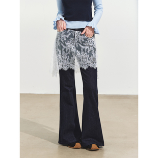SOMESOWE 假两件蕾丝围帘微喇牛仔裤