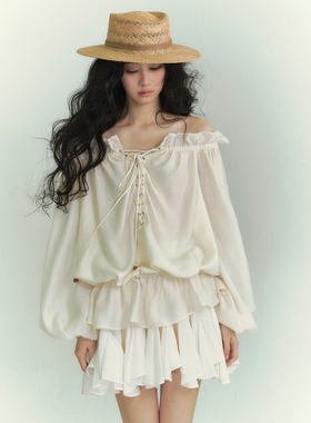 SOMESOWE 一字领绑带灯笼袖衬衫