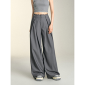 子女宽松休闲显瘦直筒阔腿垂感长裤 裤 蕾丝拼接褶皱西装 SOMESOWE