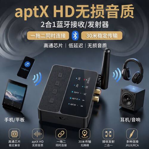 无损低延迟蓝牙5.3发射接收器超远距离RCA转I2s音频一拖二无损