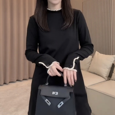 蕾丝花边设计感洋气加绒休闲风时尚中长款修身显瘦T恤2025秋冬