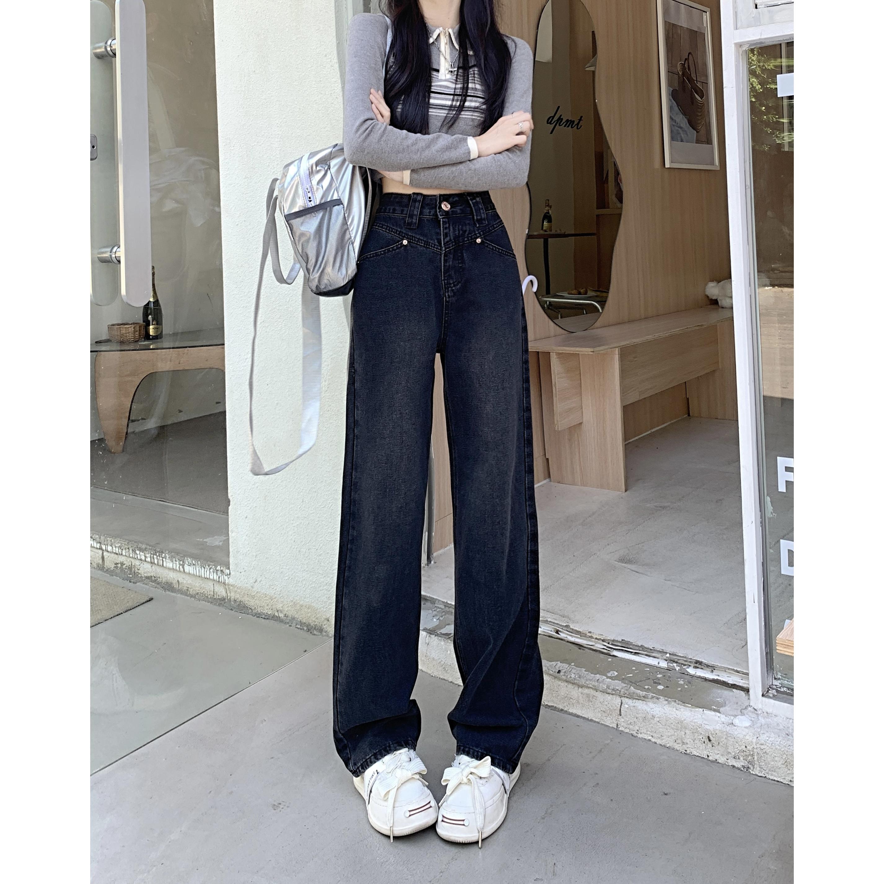 大码港风黑色阔腿牛仔裤女复古水洗做旧宽松直筒拖地裤子