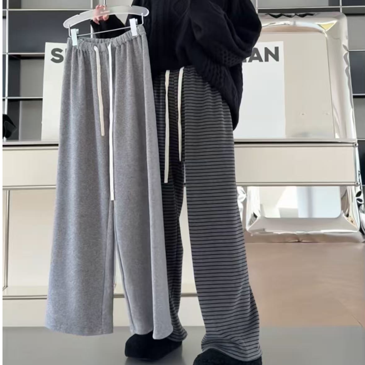 2025冬季新款韩版显瘦阔腿加绒直筒裤