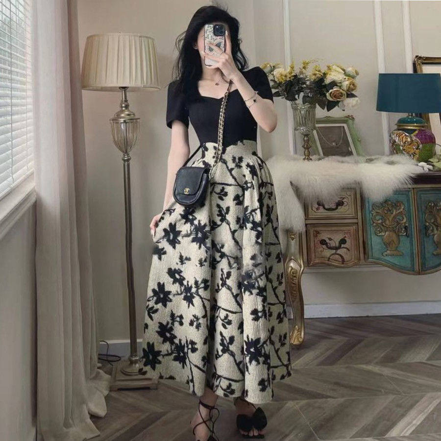 拼接国风连衣裙长款A字大摆裙夏季新款高端气质御姐范拼接提花裙