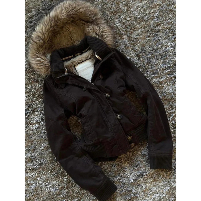 复古棕色毛领连帽外套女秋冬