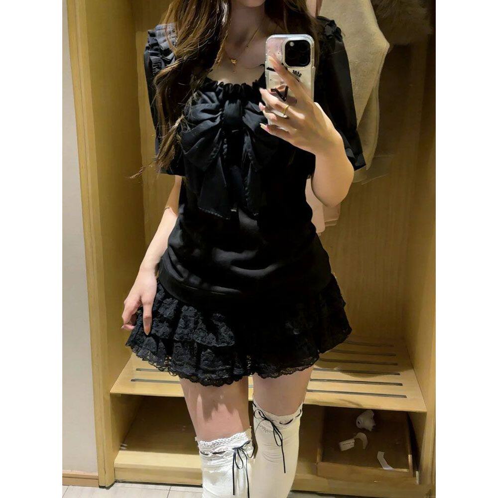 【夜絮炭雾】夏季日系甜酷少女蝴蝶结上衣+蕾丝蛋糕短裙两件套女