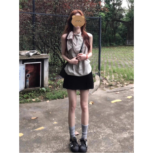 上衣a字包臀半裙两件套 韩系显瘦套装 裙女夏季 新款 蝴蝶结挂脖无袖