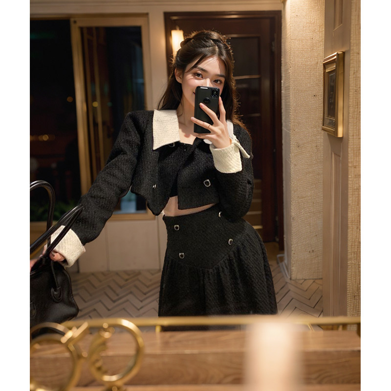 气质大女主 拼色套装小香风优雅名媛气质套装女高腰半身裙两件套