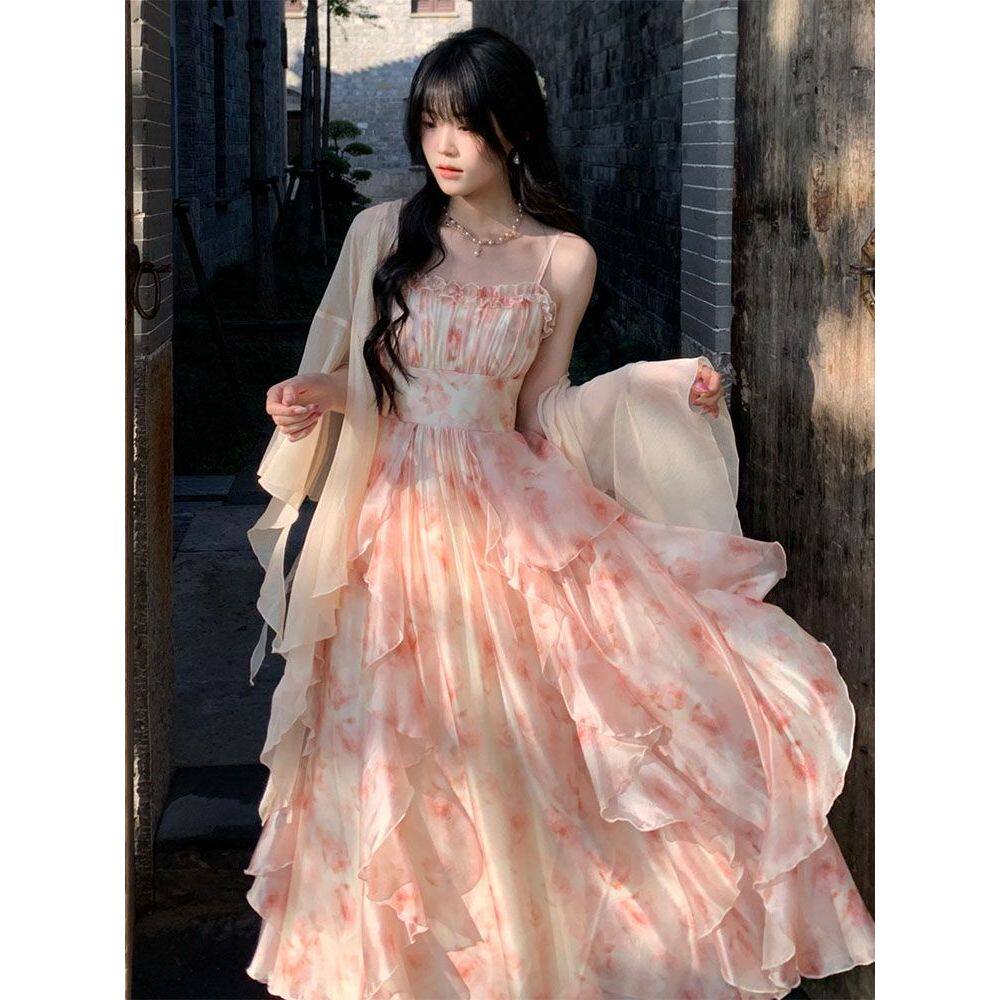 【伊甸油画】晕染印花仙气花边气质收腰荷叶边吊带裙长裙开衫套装