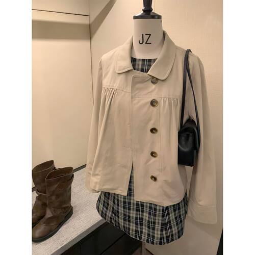奶杏褶序 韩系甜美学院风短款风衣外套+格纹连衣裙减龄两件套女