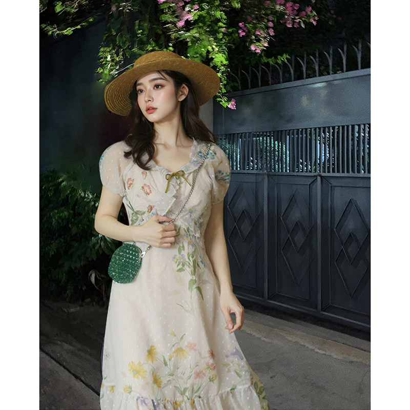 【朦胧花语】夏季清新甜美法式印花蝴蝶结连衣裙女气质设计感裙子