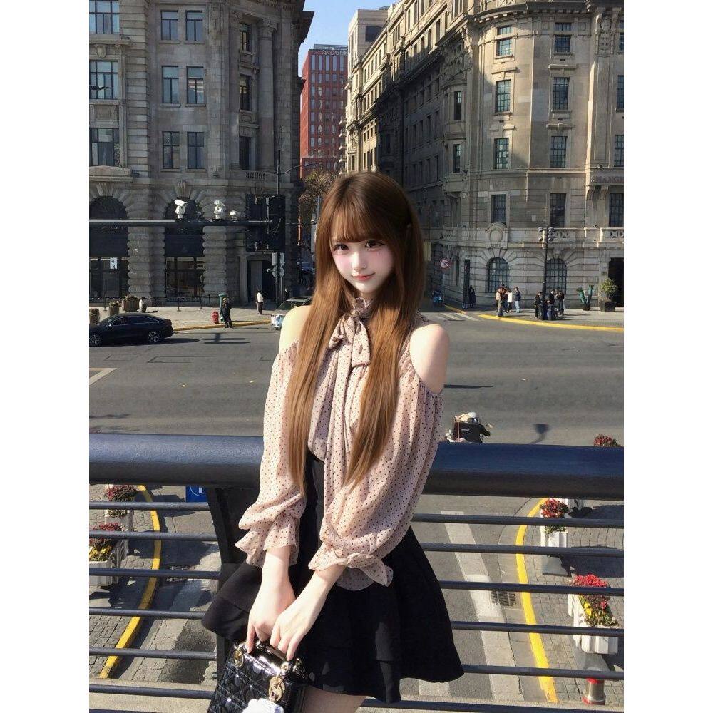 【甜黛少女】日系优雅清楚感套装女系带波点长袖高腰半身裙两件套