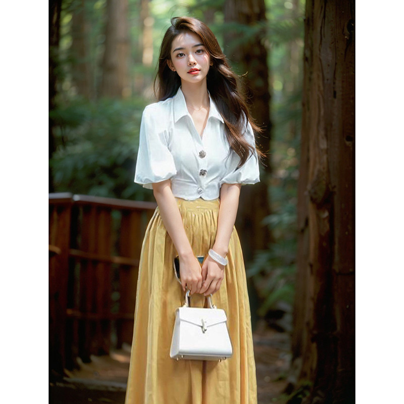 【黄玫瑰】度假泡泡袖宫廷风上衣+黄色半裙新款套装女夏裙子女