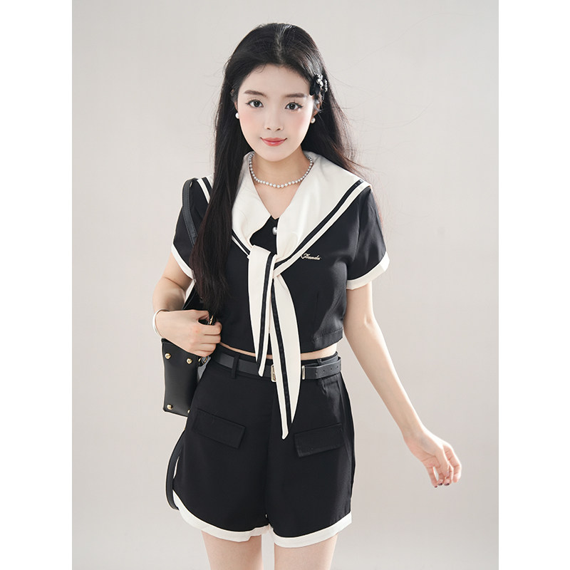 校阅学姐 收腰显瘦美式复古学院风海军领JK上衣短裤套装夏季新款