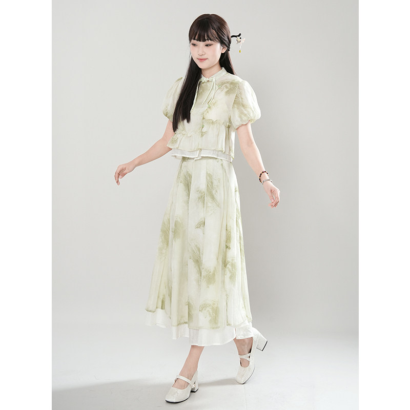 《清风炊烟》新中式晕染斜襟盘扣不对称花边短袖上衣+长裙套装女