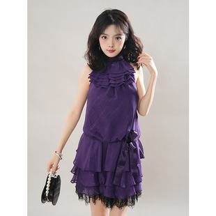 紫色套装女夏季新款蕾丝挂脖上衣辣妹修身显瘦蛋糕短裙两件套