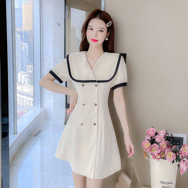 法式高级设计感小众小香风连衣裙收腰显瘦轻奢撞色大码微胖mm短裙