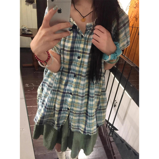 衬衫 日系复古学院风显瘦套装 格子短袖 裙女夏季 半身裙两件套 新款