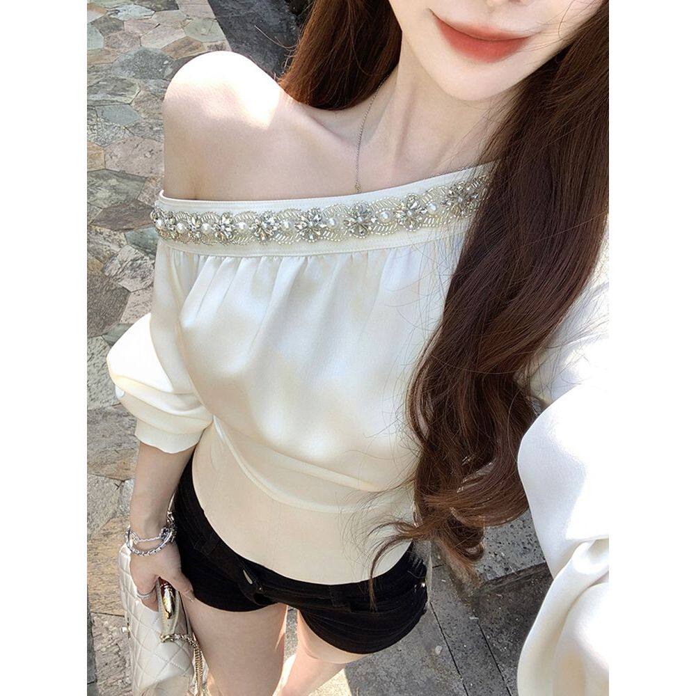 【娇贵星河】春季新款法式气质淑女斜肩衬衫性感纯欲上衣女