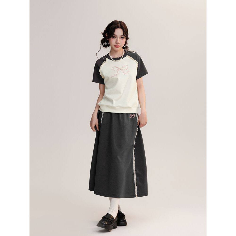 "粉荔幻梦" 花边蝴蝶结短袖卫裙套装春夏ins风简约可爱两件套