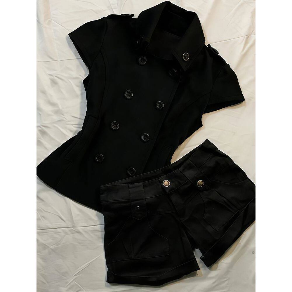 【花雾非雾】百搭修身短袖上衣+短裤小个子夏季黑色通勤显瘦套装