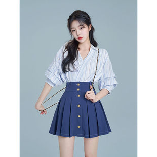 学院风时尚套装女小个子初秋季2023新款蓝色衬衫上衣半身裙两件套