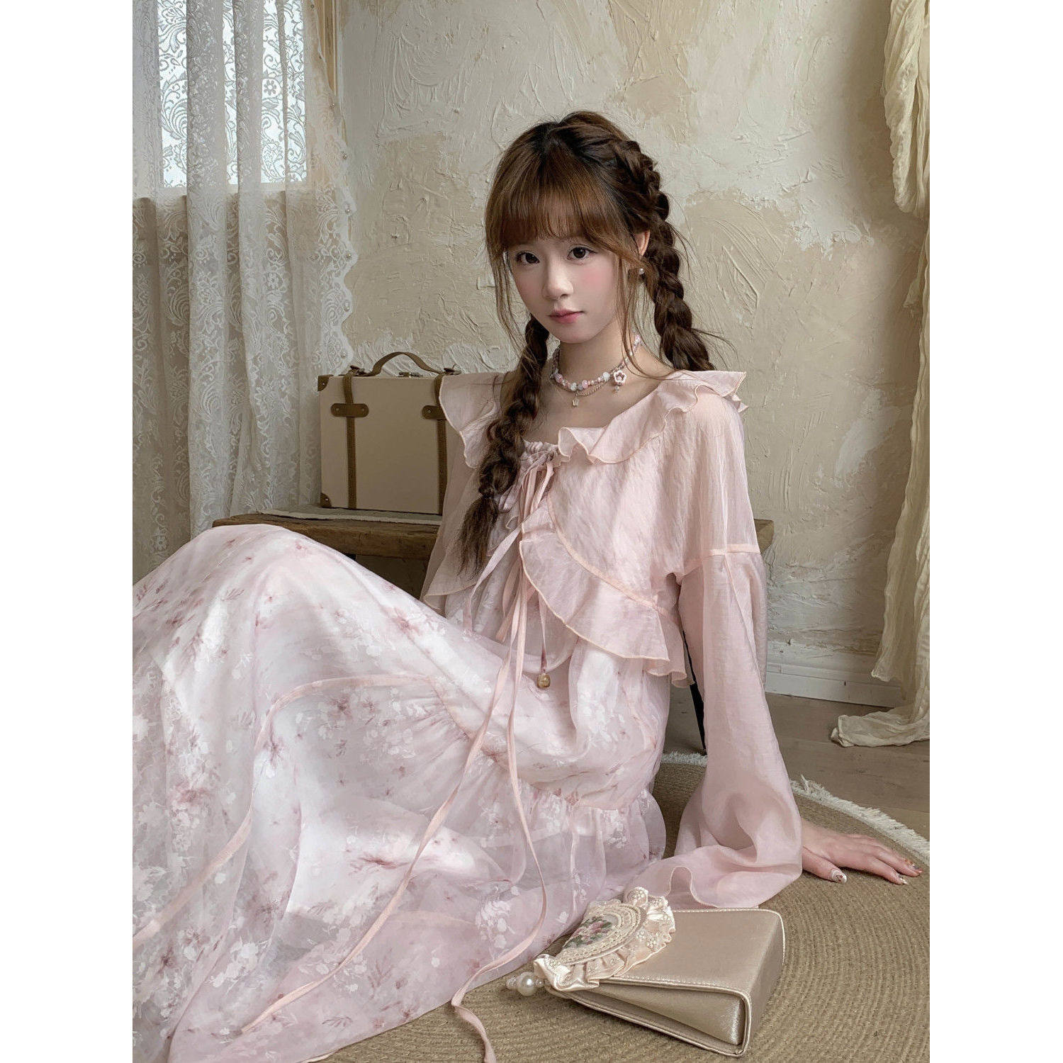 苏黎邂逅 夏季新款法式甜美森系小众粉色连衣裙+开衫显瘦百搭套装