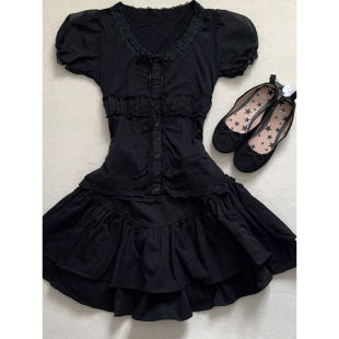 vintage古着穿搭小个子收腰显瘦上衣 裙女夏季 蛋糕裙 套装 黑色衬衫