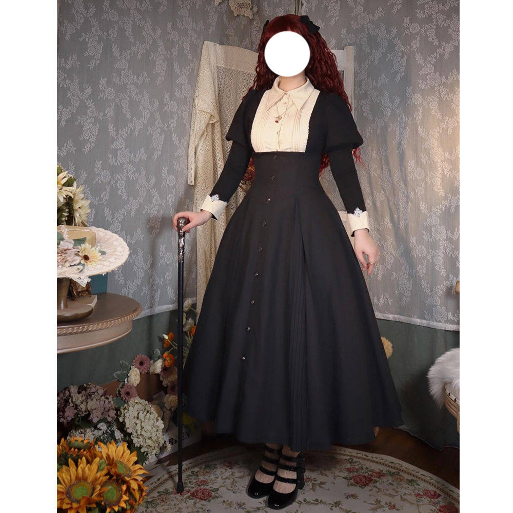 暗黑泡泡龙 经典黑白配色长袖套装lolita泡泡袖上衣+高腰裙两件套