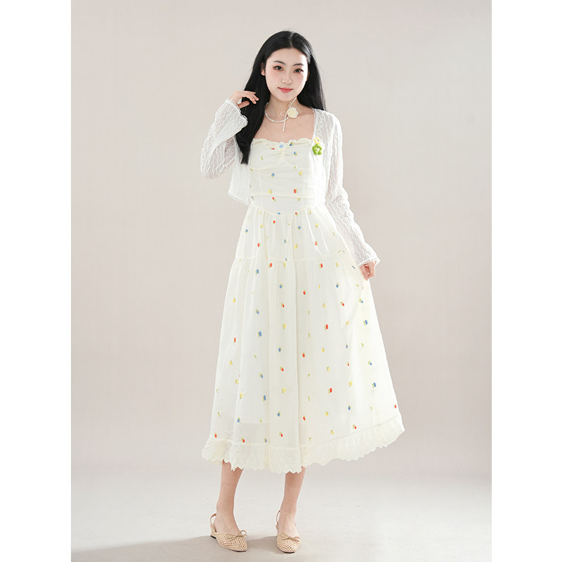 夏日来信初恋甜美可爱开衫连衣裙套装女收腰显瘦碎花吊带裙两件套