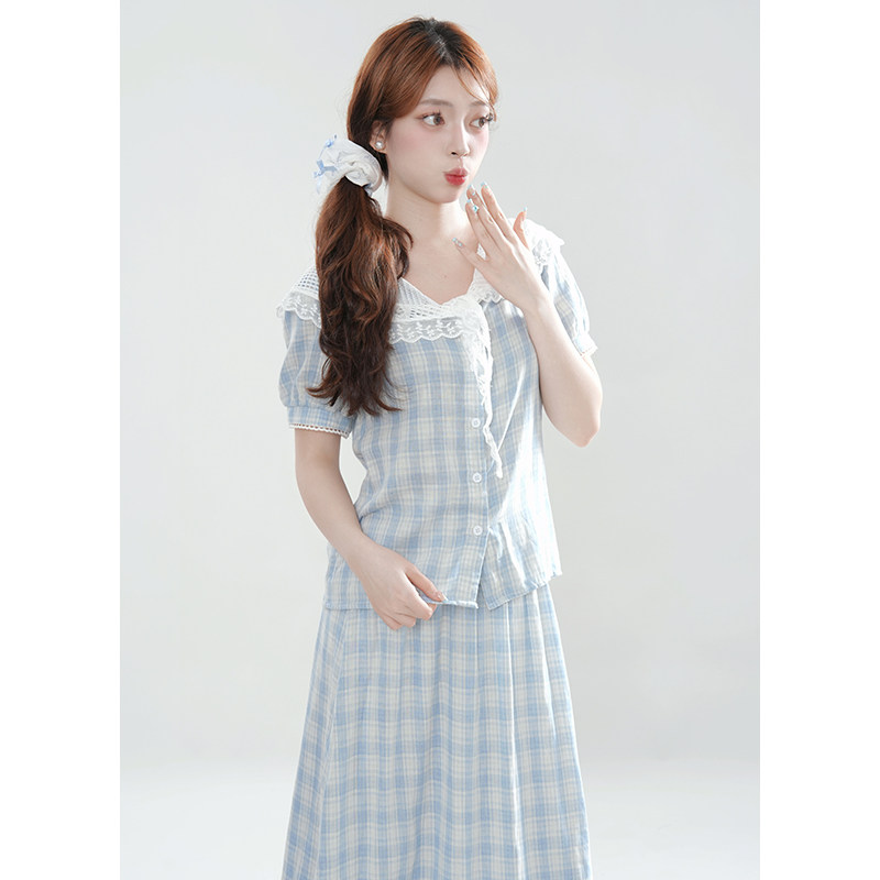 2025夏新款法式甜美蓝色格纹连衣裙女小个子学院风穿搭套装长裙
