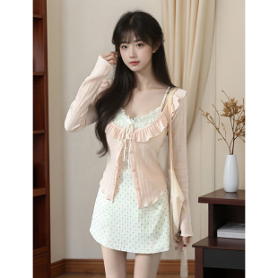 两件套 甜漫音符 夏季 日系甜美少女风纯欲波点显瘦连衣裙开衫