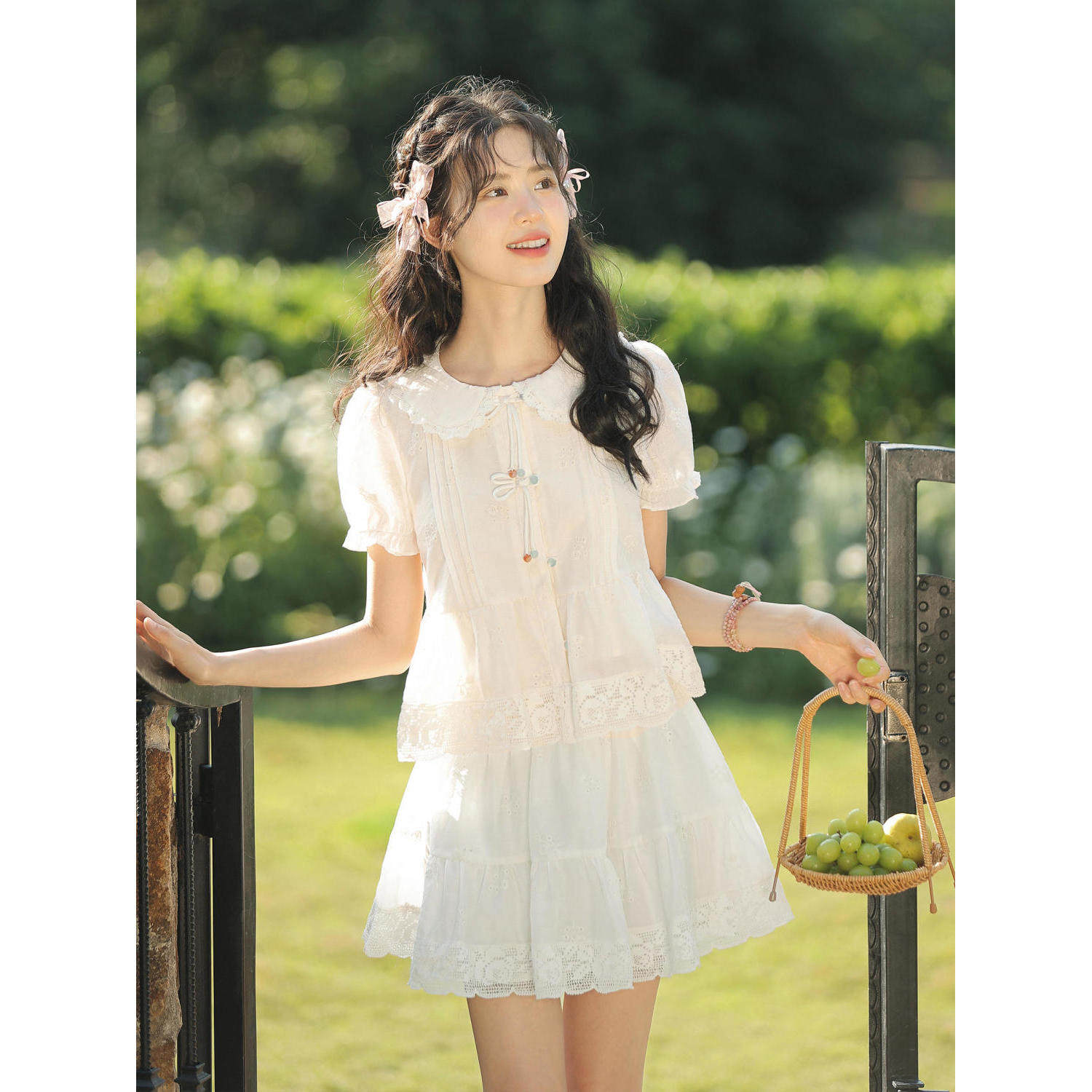 《丽文杏彩》夏季新款法式甜美娃娃领上衣+半裙气质显瘦套装